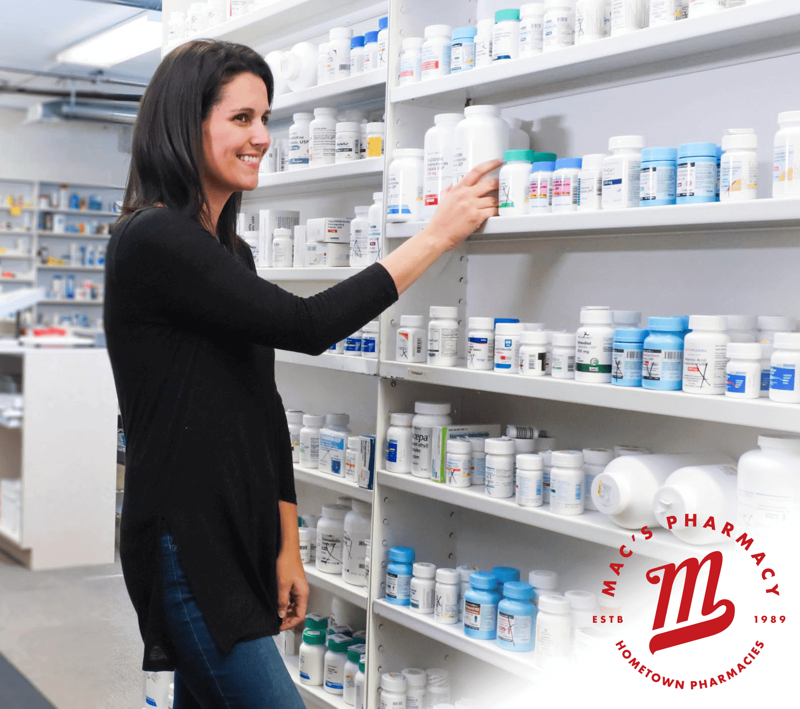Bottle pharmacy pills on store shelf, healthcare, medication, health and wellness, pharmacy store, drugstore, medical supplies, Mac's Pharmacy, pharmacy products, prescription medications, healthcare retail, prescription drugs.